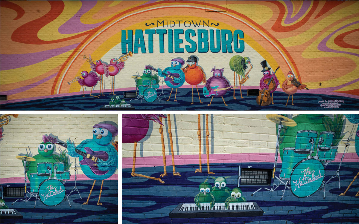 Three angles of a view of a painted mural of birds playing in a band in midtown Hattiesburg.