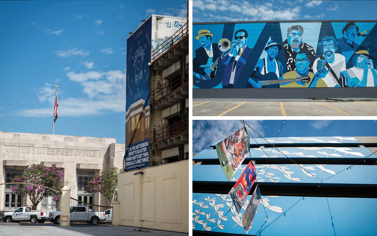 Images of three murals, including one beside a post office that lists “Hattiesburg The Hub,” one featuring blues musicians shaded in blue, and one of dragonflies.