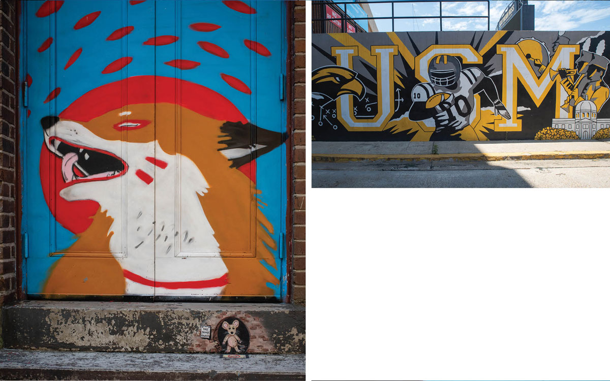 Images of two murals, including one of a wolf and another of a football player with “USM” listed behind him.